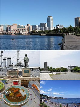 Top:View of downtown Yokosuka from Verny Seaside Park, Middle:Mikasa Battleship Monument  and Heihachirō Togō Statue, Kurihama Matthew Perry Park, Bottom:Yokosuka Naval Curry, Kannon Cape and seaside park (all item for left to right)