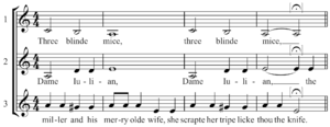 Three Blinde Mice three voice round Deuteromelia 13 (1609)